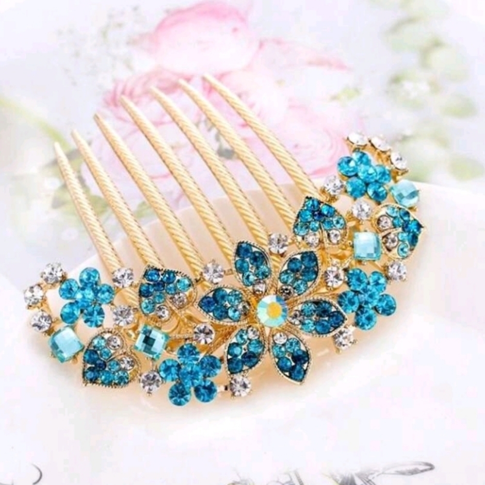 Wedding Hair Comb Blue and Gold Floral Bridal Rhinestone Hair Comb